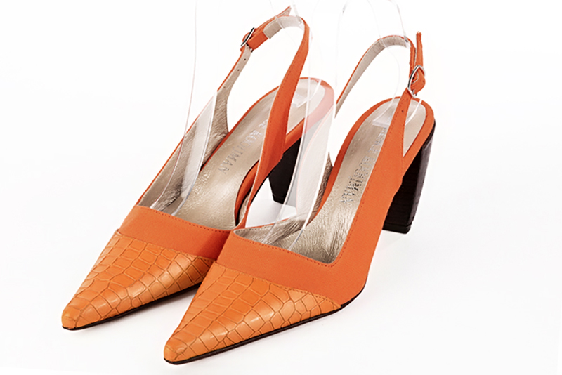 Apricot orange women's slingback shoes. Pointed toe. High cone heels. Front view - Florence KOOIJMAN